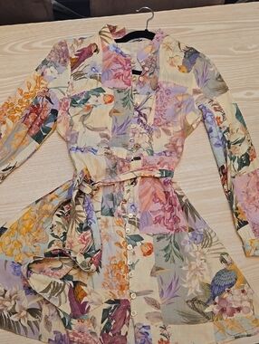 ZARA Floral Parrot Linen Mini Dress